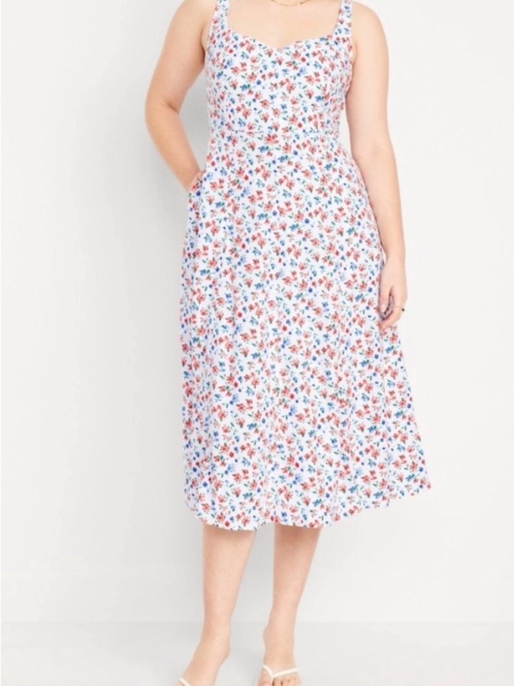 Old Navy White Midi Sundress with Red & Blue Floral Print XL